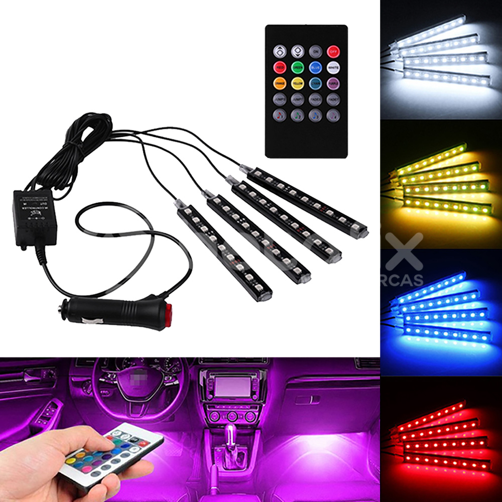 Tira de luz LED para interior de coche, 4 líneas activas, 48 LED,  multicolor sincronización de música, luces interiores del coche, luces LED